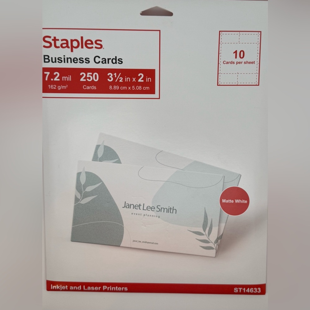 Staples Matte White Business Cards Inkjet & Laser Printer 250 3.5” X 2” Size NWT